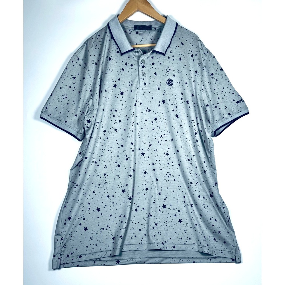 GFore Golf Polo Shirt Mens XXL Gray Navy Star Print Pacific Dunes Short Sleeve